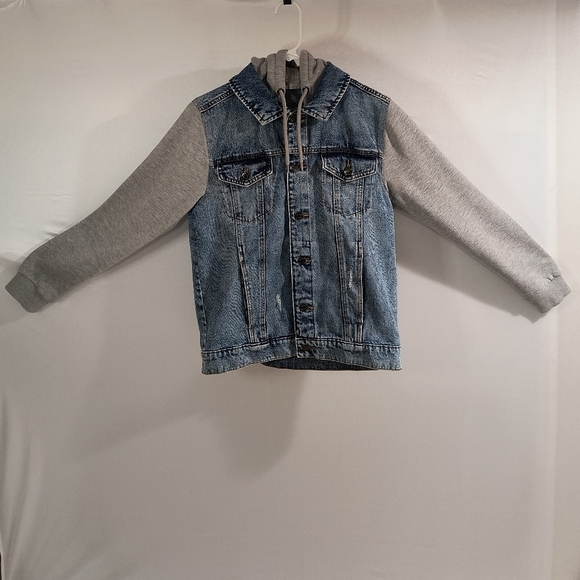 George Men's Small Blue W/Gray Sweatshirt Sleeves Jean Jacket - Picture 1 of 11